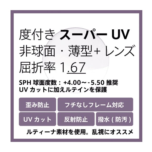 度付きスーパーUVカットクリアレンズ交換 非球面 薄型+ 屈折率1.67