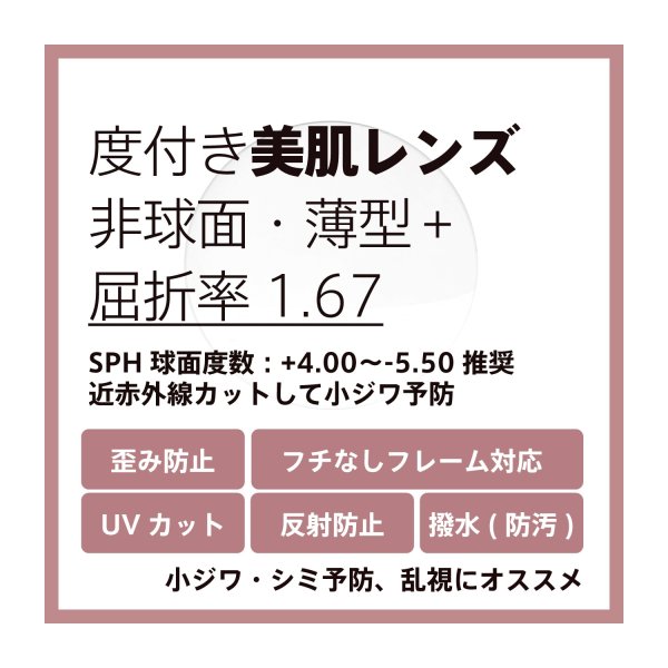 度付き美肌予防レンズ交換 非球面 薄型+ 屈折率1.67