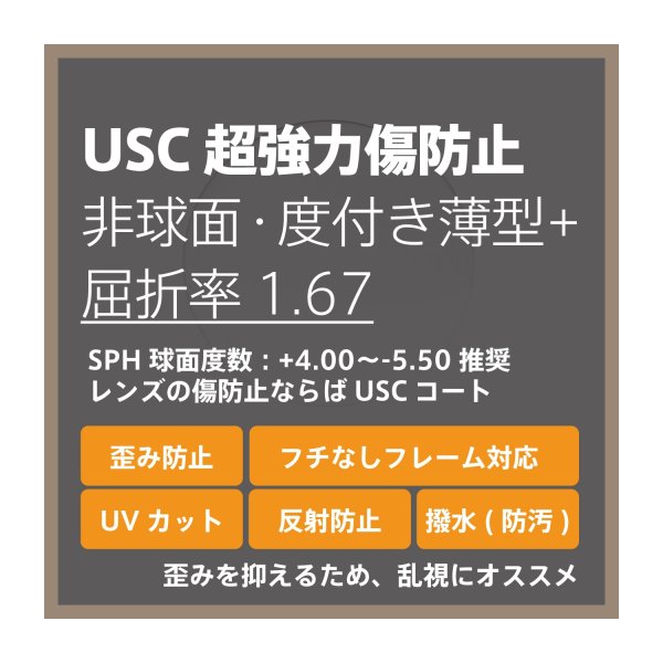 USC 超強力傷防止コート 度付き薄型+レンズ・非球面 1.67