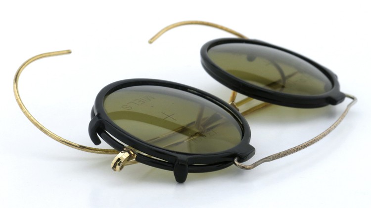 SHURON シュロン vintage ヴィンテージ メガネ+クリップオン 巻きセル BLACK/GOLD ROUND with CLIPON Olive-Green-Lense 11