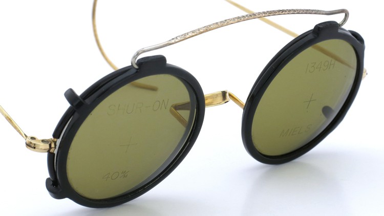 SHURON シュロン vintage ヴィンテージ メガネ+クリップオン 巻きセル BLACK/GOLD ROUND with CLIPON Olive-Green-Lense 7