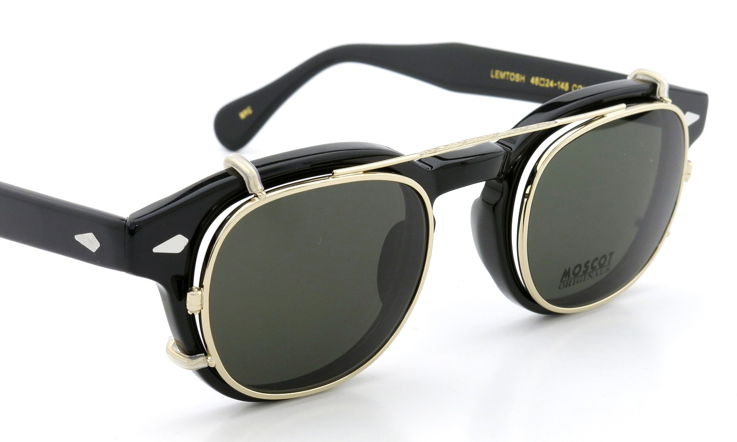 MOSCOT ORIGINALS（モスコット オリジナルス）クリップオン セットLEMTOSH Col.BLACK 46size + 純正クリップオン ゴールド/グリーンレンズ 6