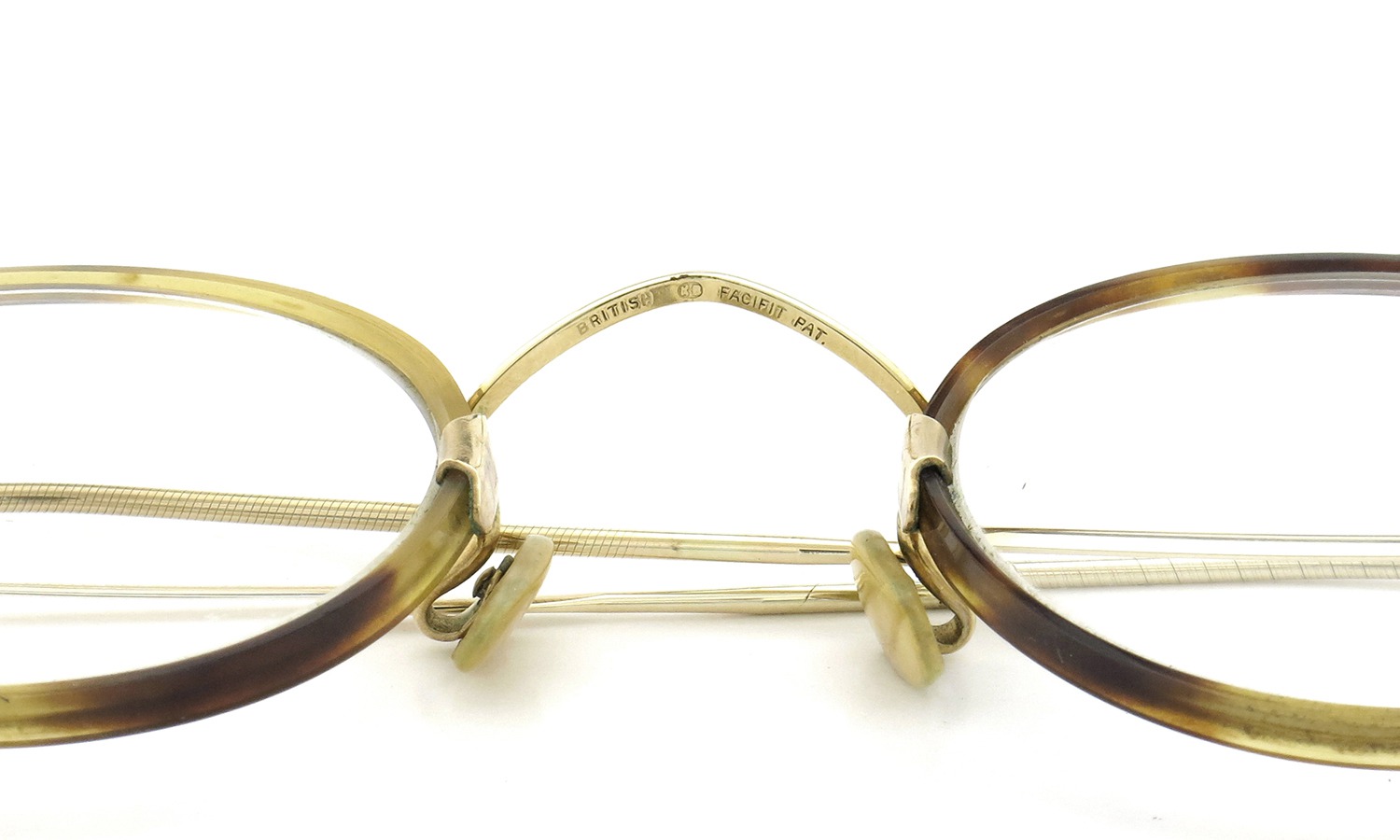 ENGLAND Vintage 推定1930年代 メガネ FLAT-CATING-ROUND FACIFIT-PAD 縄手 Tortoise/Gold