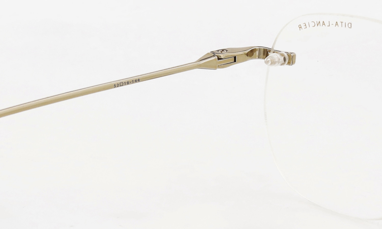 DITA Lancier 縁無しメガネ通販 LSA-130 DLX130-A-01 Gold Sand 左側ヒンジ裏側ディテールと左テンプル