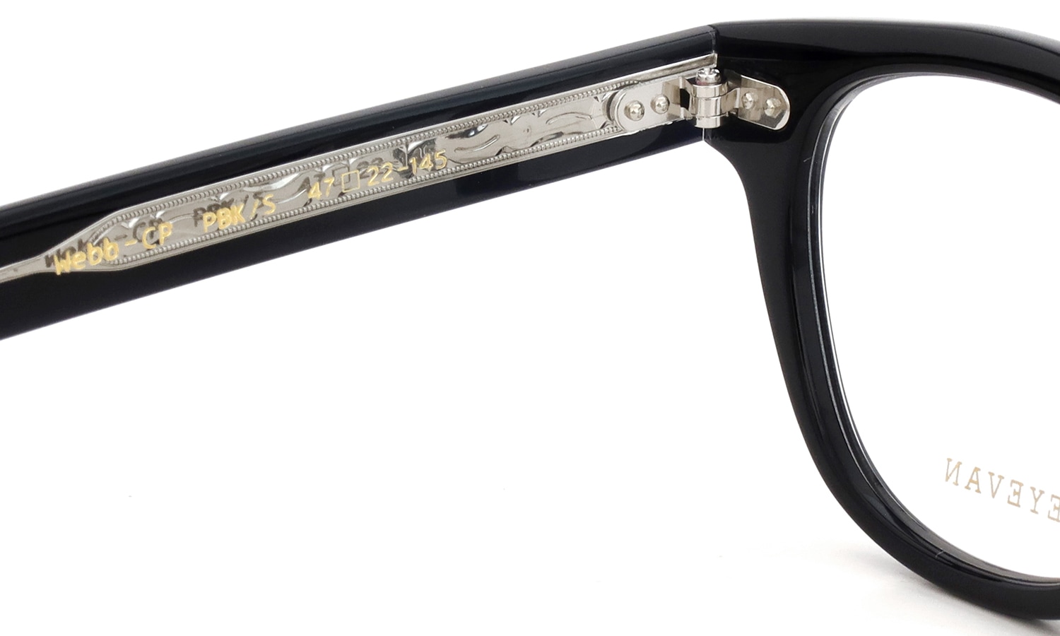 EYEVAN メガネ通販 Webb-CP(47) col.PBK/S 左側ヒンジの裏側と左テンプルの刻印