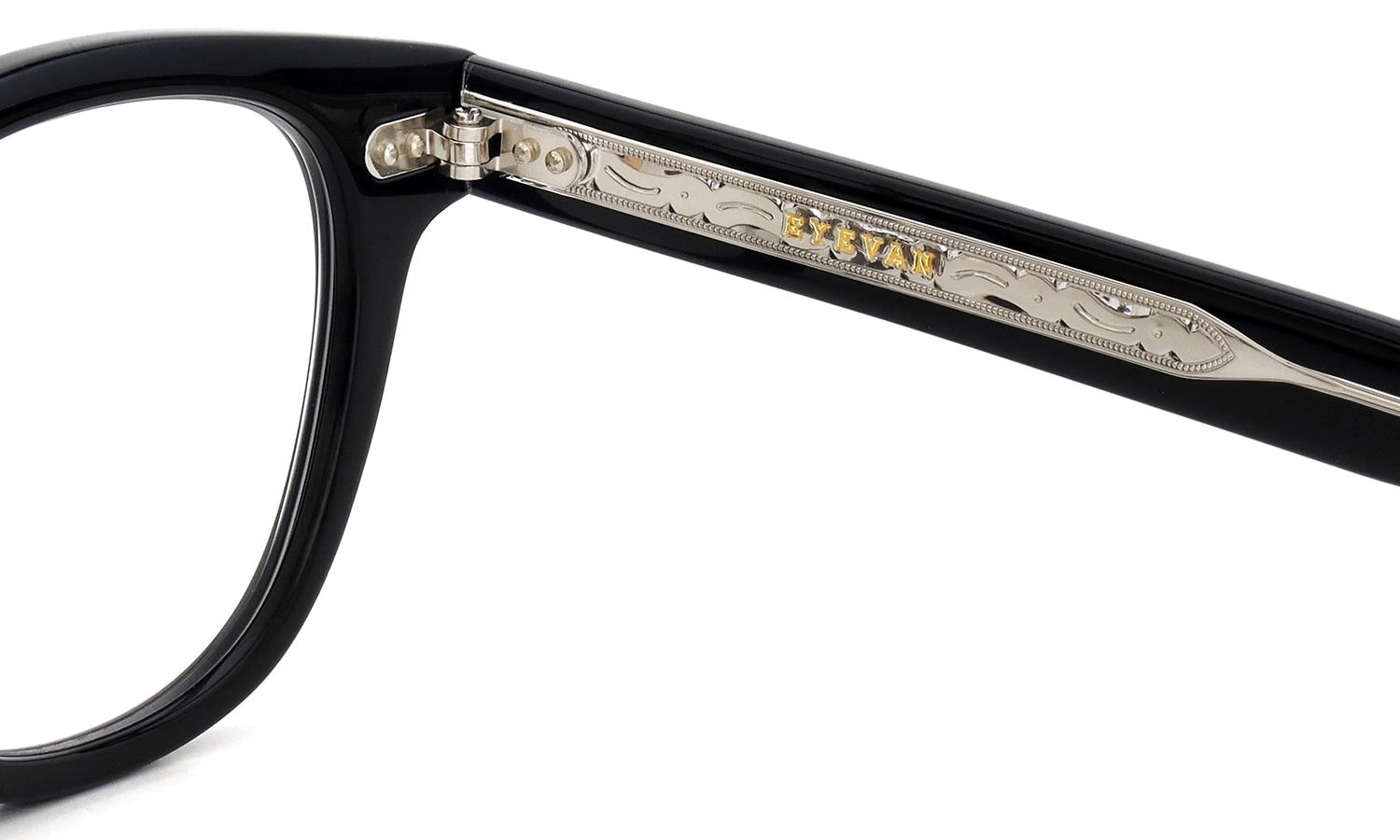EYEVAN メガネ Webb-CP(49) col.PBK/S 右側ヒンジの裏側と右テンプルの刻印