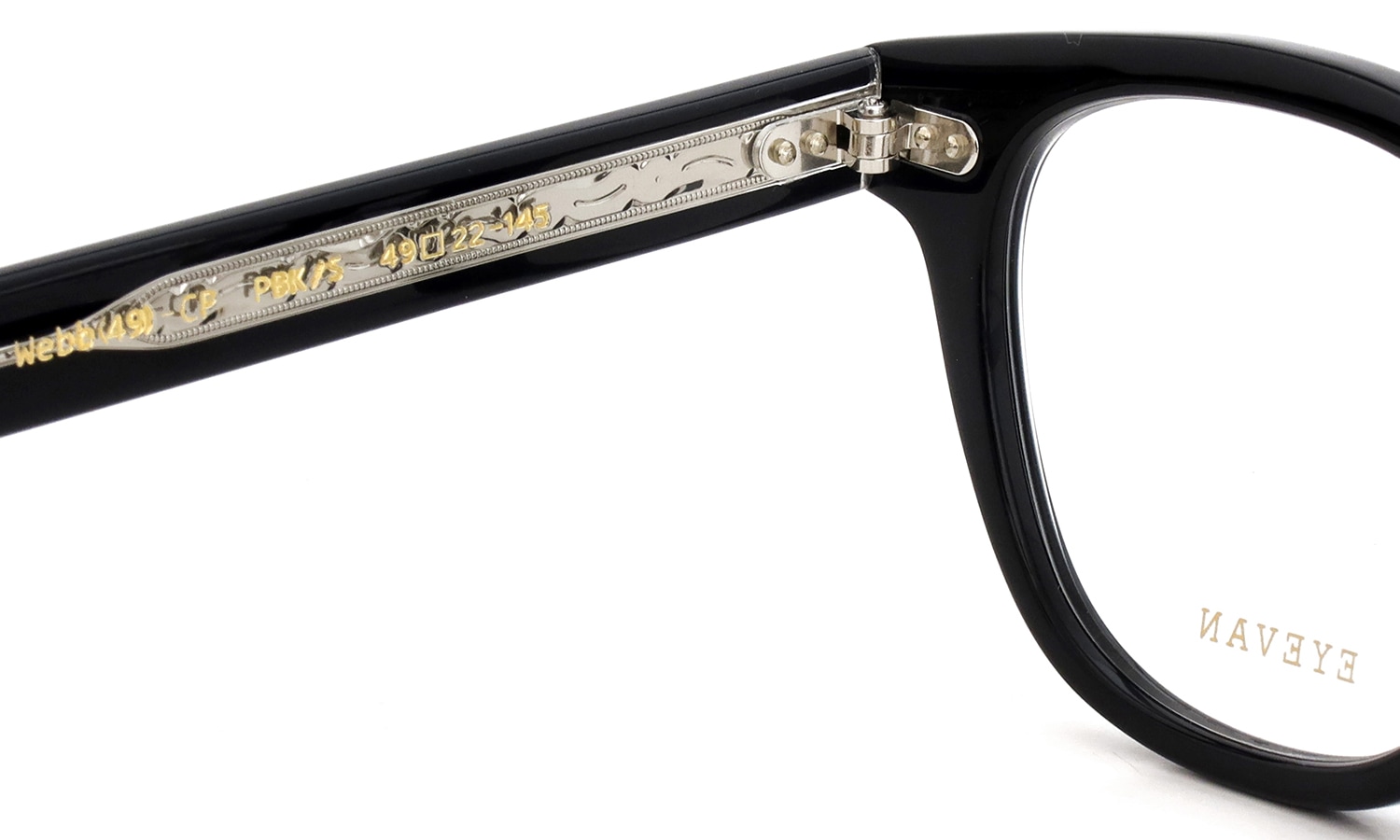 EYEVAN メガネ Webb-CP(49) col.PBK/S 左側ヒンジの裏側と左テンプルの刻印