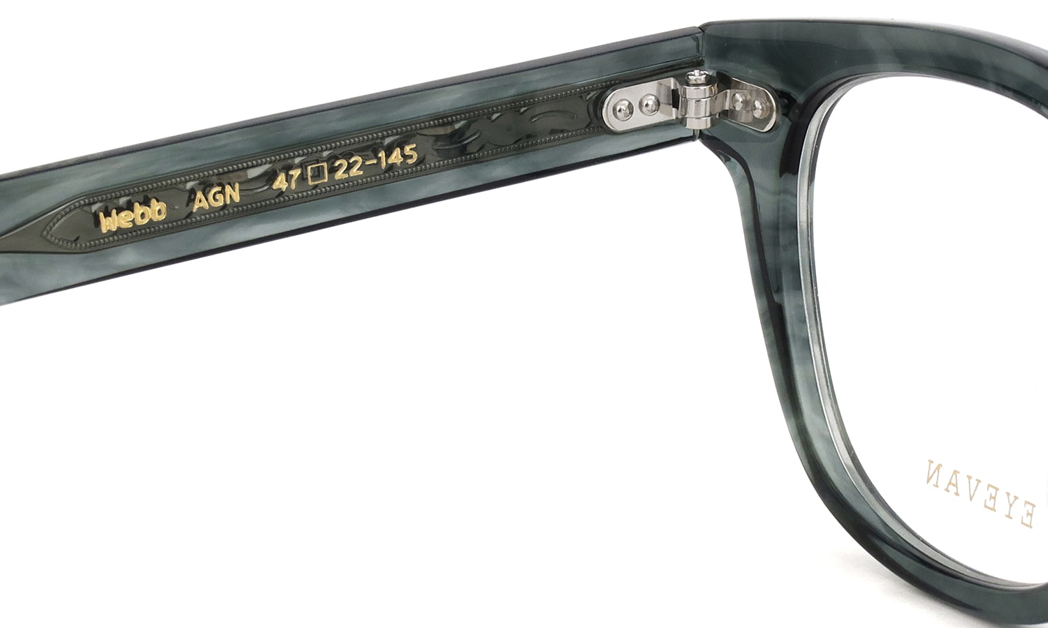EYEVAN メガネ通販 Webb(47) col.AGN 左側ヒンジ裏面と刻印