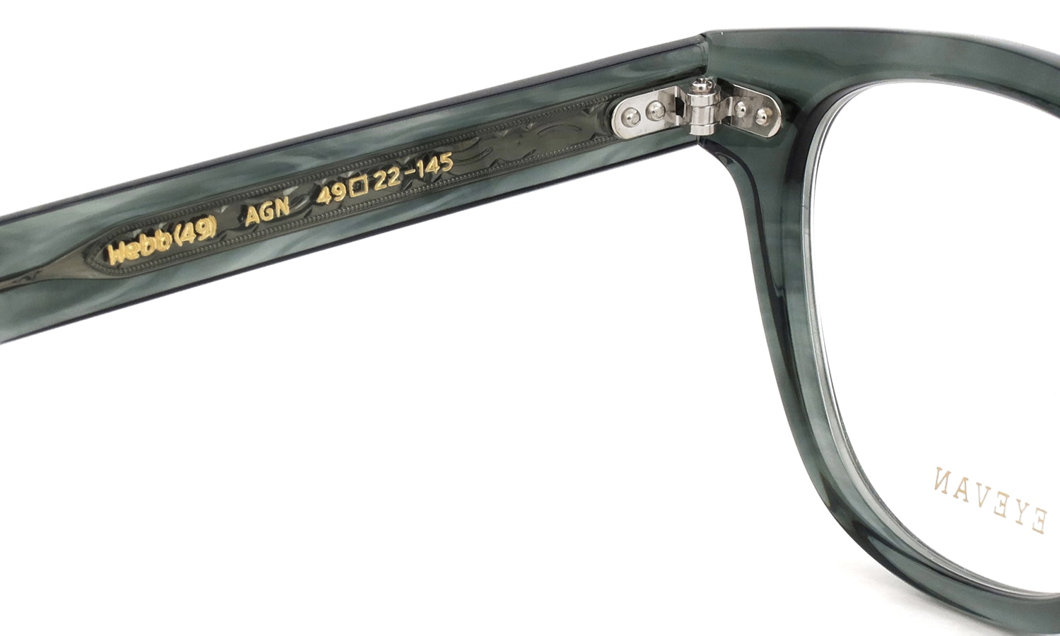 EYEVAN メガネ通販 Webb(49) col.AGN 左側ヒンジ裏面と刻印