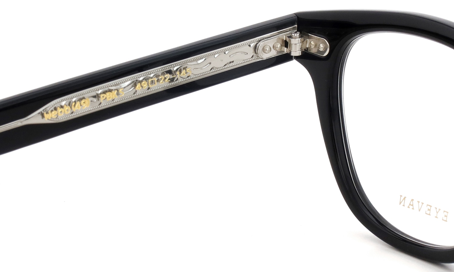 EYEVAN メガネ通販 Webb(49) col.PBK/S 左側ヒンジ裏側と左テンプル内側の刻印