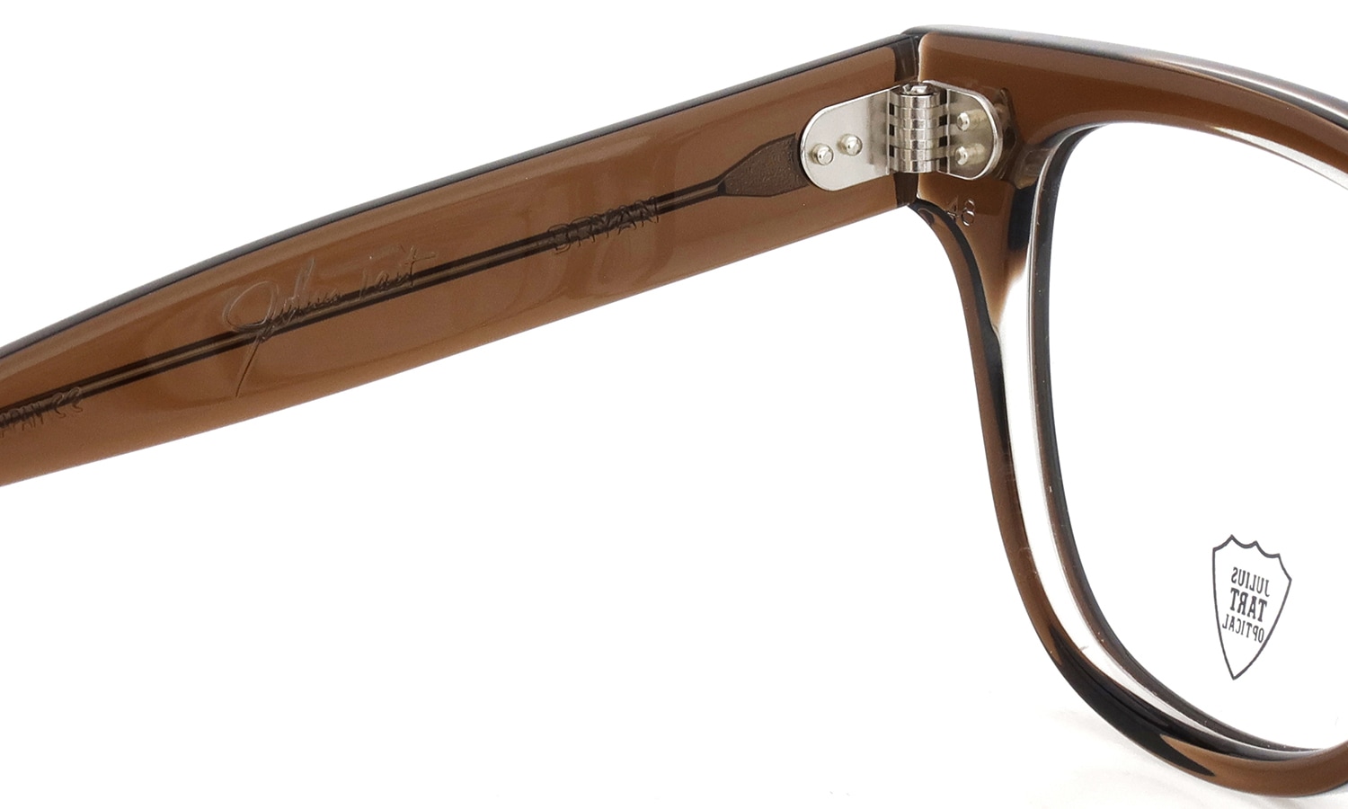 JULIUS TART OPTICAL メガネ BRYAN-48-22 col.BROWN CRYSTAL II 左側ヒンジの裏側とテンプル刻印