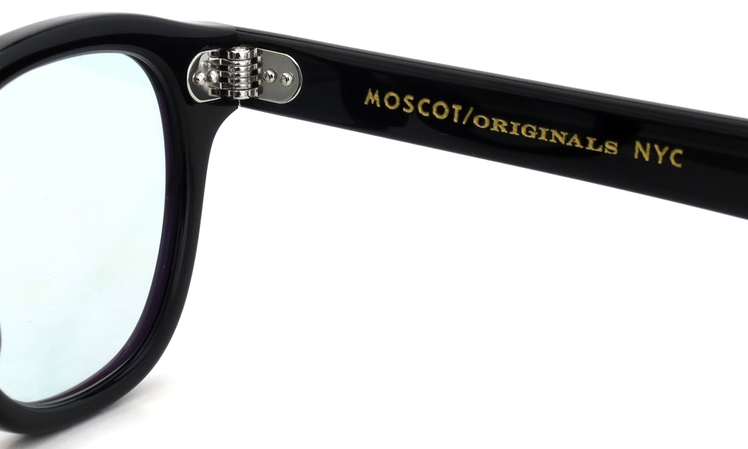 MOSCOT 紫外線調光サングラス LEMTOSH 46size col.BLACK BLUE+ 右側ヒンジの裏と右テンプル刻印