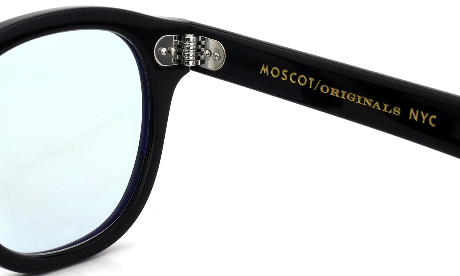 MOSCOT 紫外線調光サングラス LEMTOSH 49size(L) col.BLACK BLUE+ 右側ヒンジの裏と右テンプル刻印