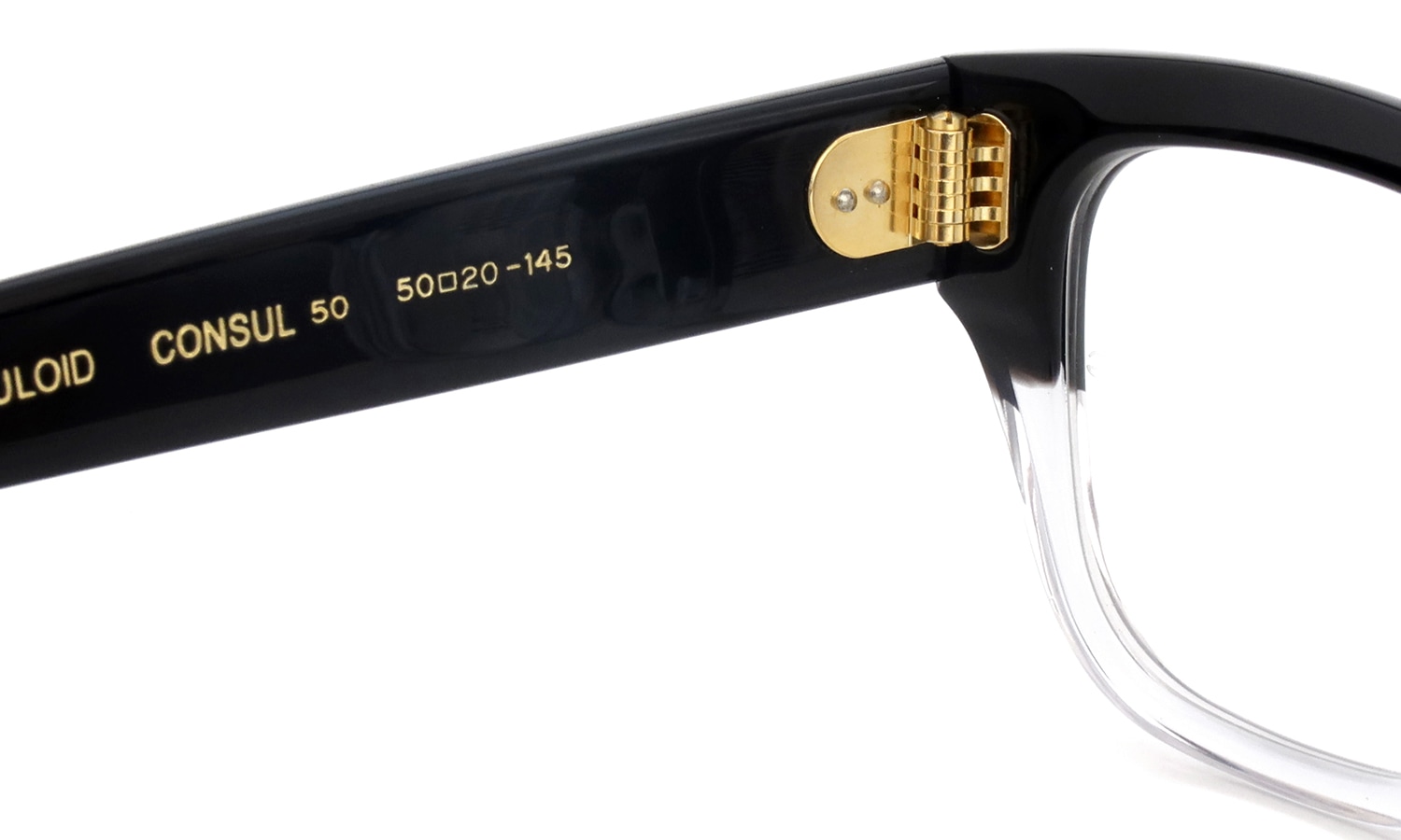 Oliver Goldsmith 限定生産セルロイドメガネ CONSUL-50 BF (BLACK FLOAT) 左側ヒンジ裏と左テンプル