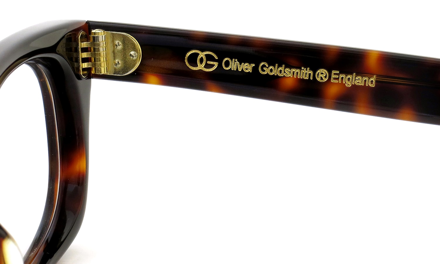 Oliver Goldsmith メガネ通販 VICE CONSUL-g Dark Tortoiseshel 右側ヒンジの裏側および右側テンプルの刻印l