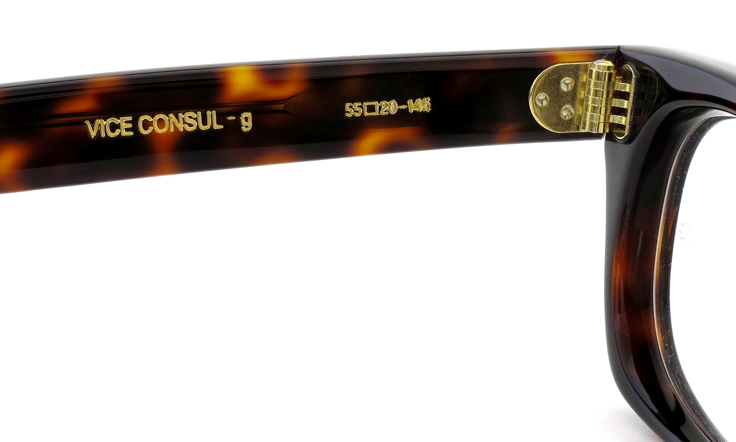 Oliver Goldsmith メガネ通販 VICE CONSUL-g Dark Tortoiseshell 左側ヒンジの裏側および左側テンプルの刻印