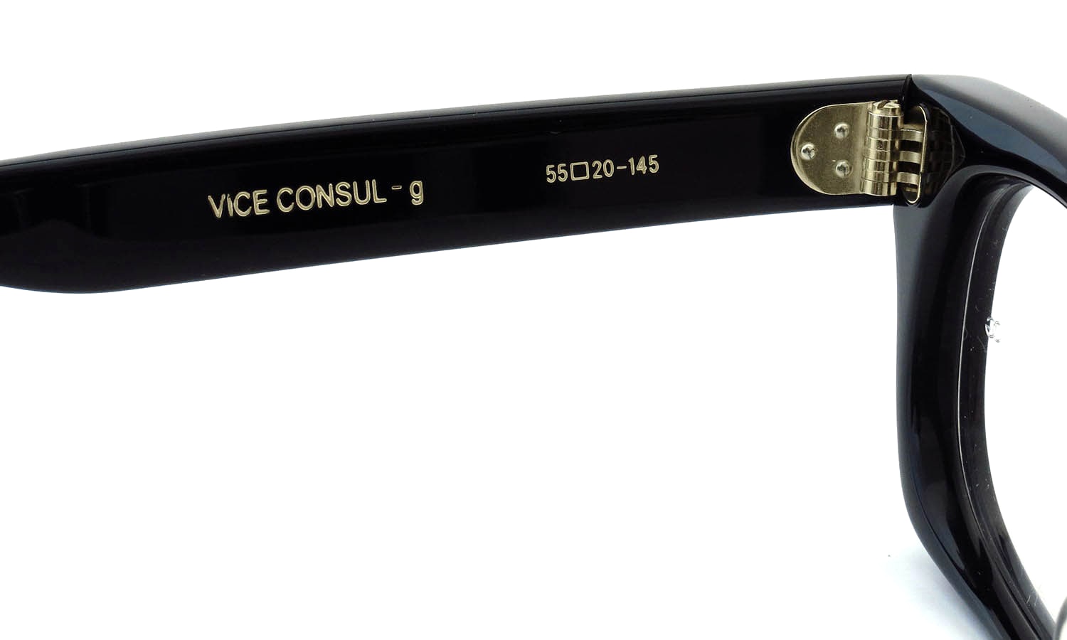 Oliver Goldsmith メガネ通販 VICE CONSUL-g Nero 左側ヒンジの裏側および左側テンプルの刻印
