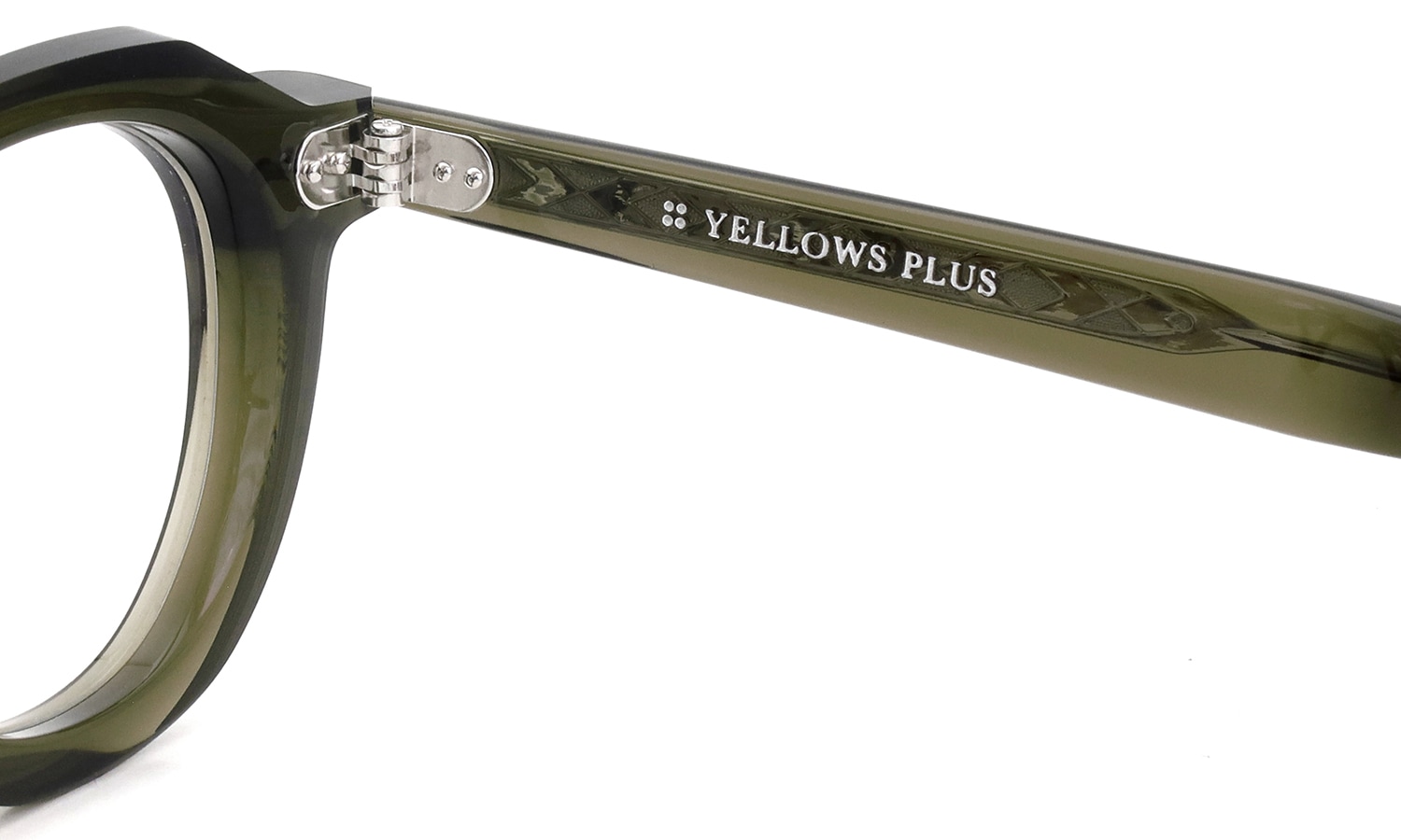 YELLOWS PLUS メガネ通販 DERICK C529 harrods green 右側ヒンジ内側とテンプルの刻印