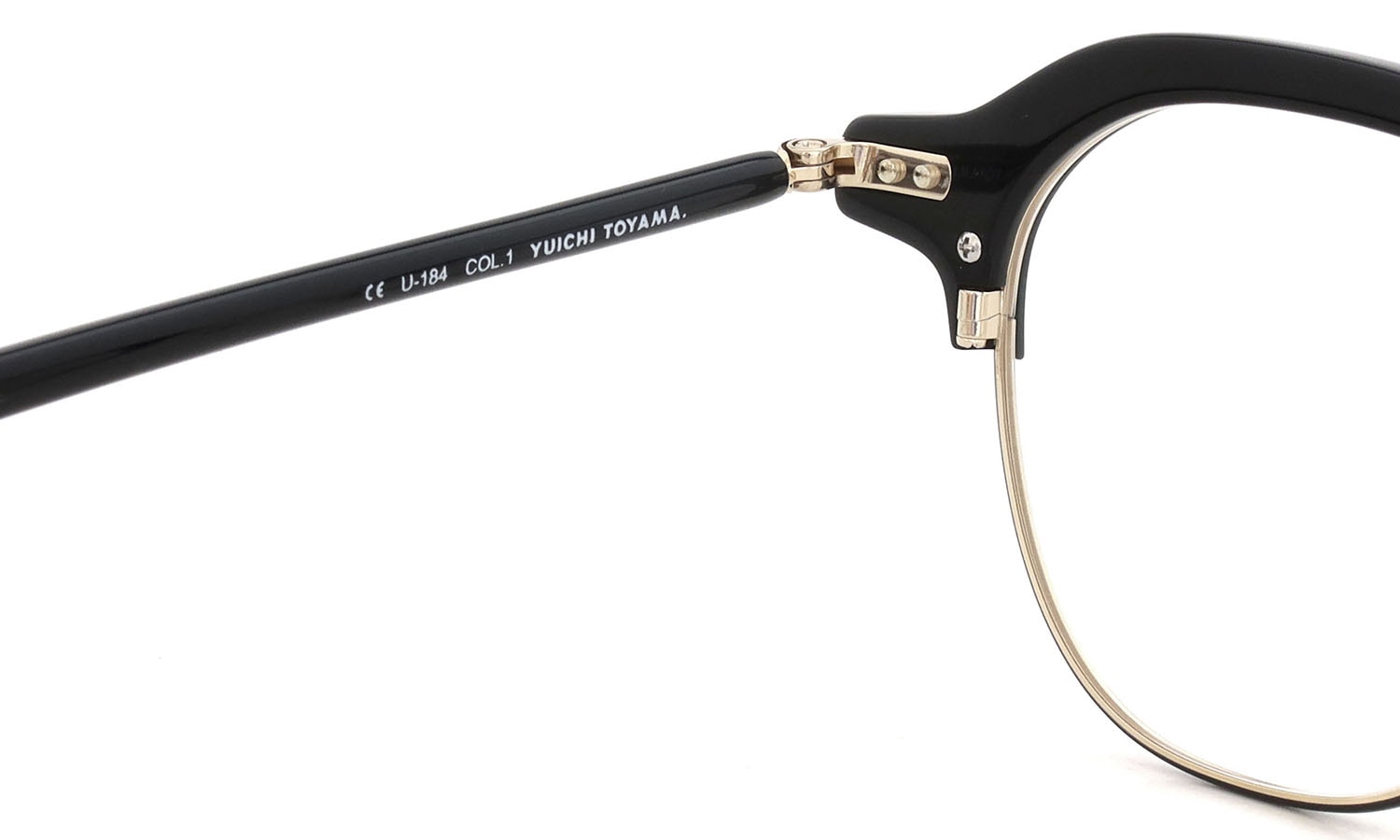 YUICHI TOYAMA. メガネ通販 U-184 DUD col.01 Black /White gold + Semi matt black 左ヒンジ裏側と左テンプル
