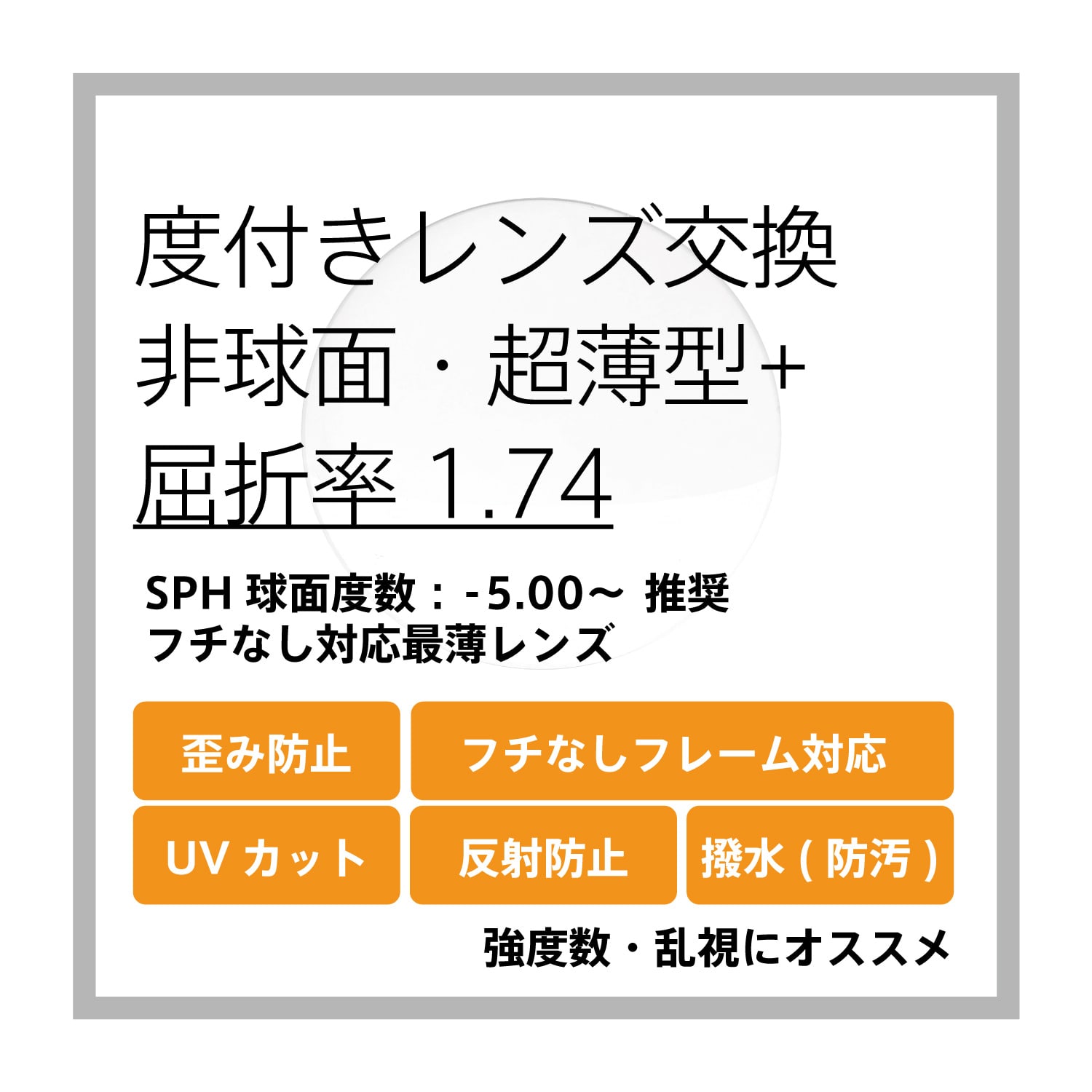 度付き超薄型+レンズ・非球面通販 1.74 反射防止コート/UVカットコート