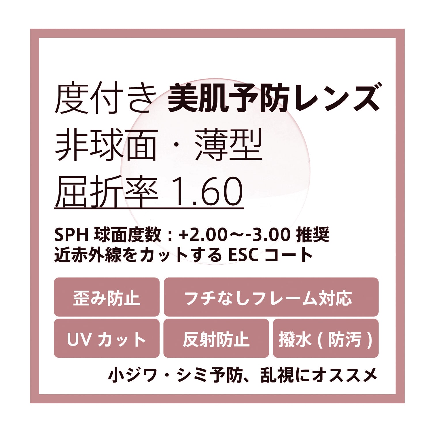 度付き美肌予防レンズ交換 非球面 薄型 屈折率1.60