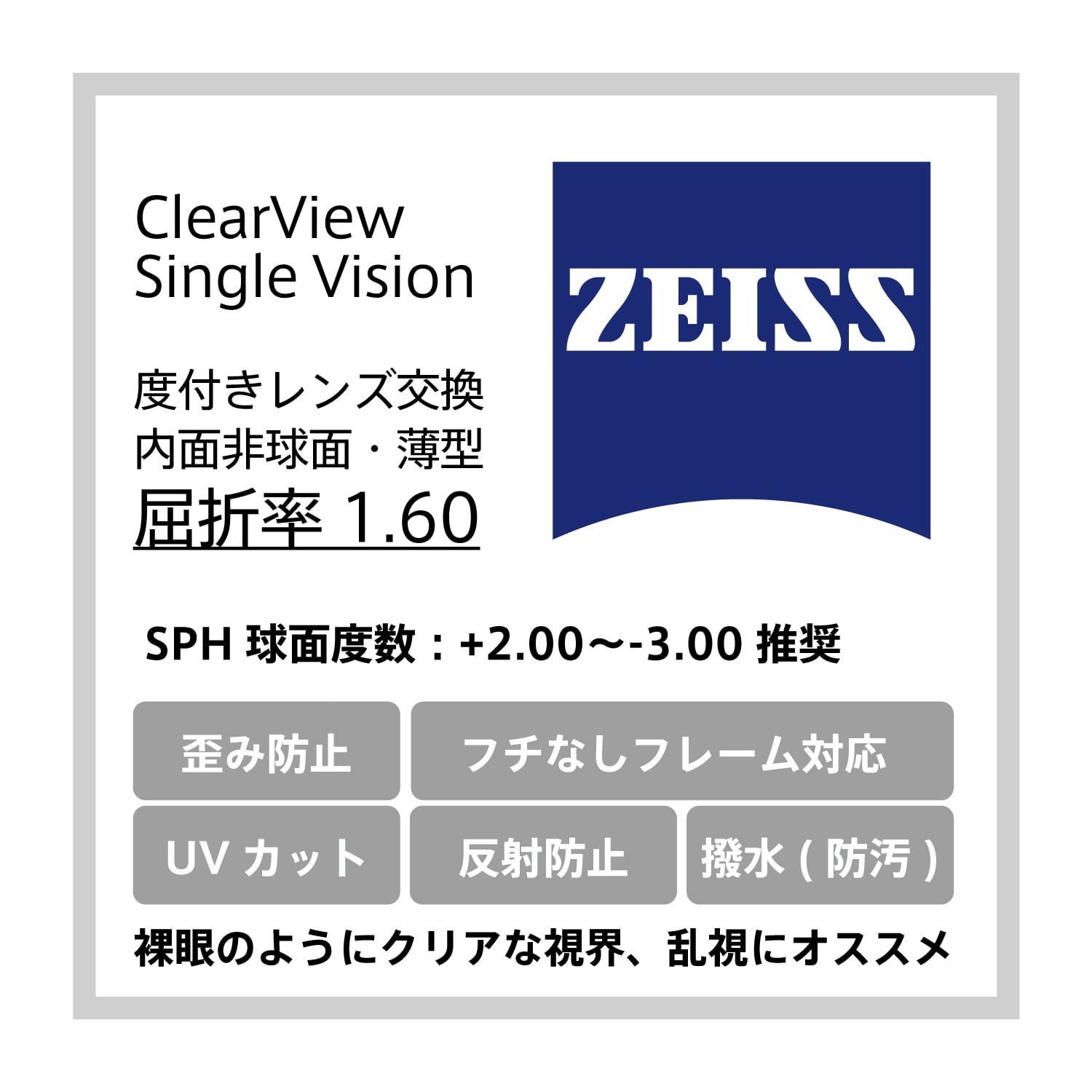 zeiss ClearView Silgle Vision 眼鏡用内面非球面レンズ 1.60