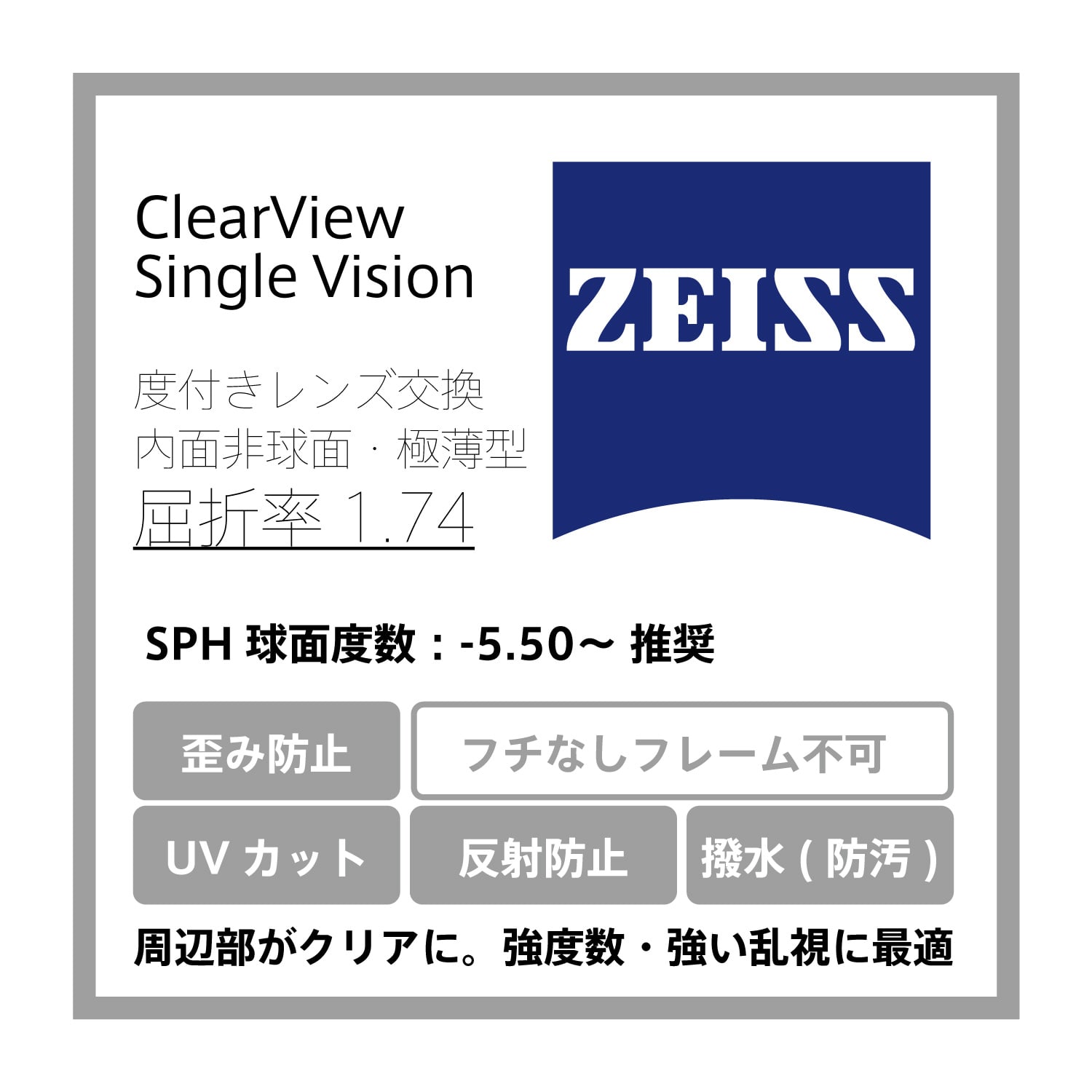 zeiss ClearView Silgle Vision 眼鏡用内面非球面レンズ 1.74